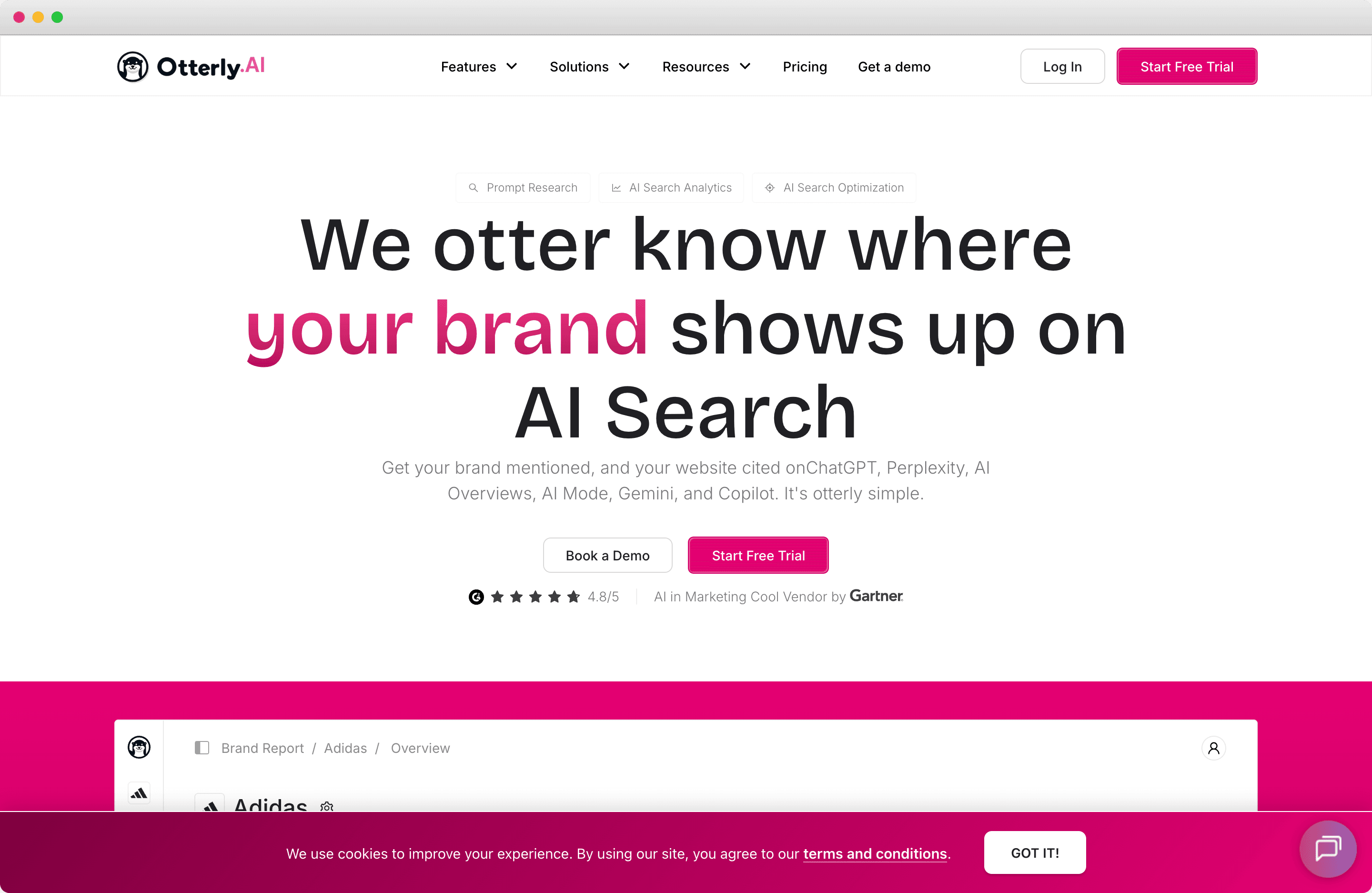 OtterlyAI dashboard showing brand visibility tracking across AI search engines