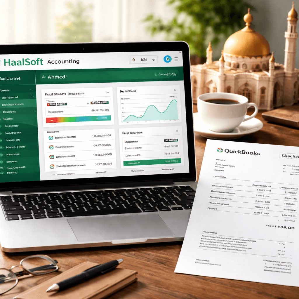 A photorealistic scene of a laptop screen showing HalalSoft Accounting dashboard beside a printed QuickBooks invoice, with a cup of tea and a small mosque model in the background. Alt: Halal accounting software vs QuickBooks comparison visual.