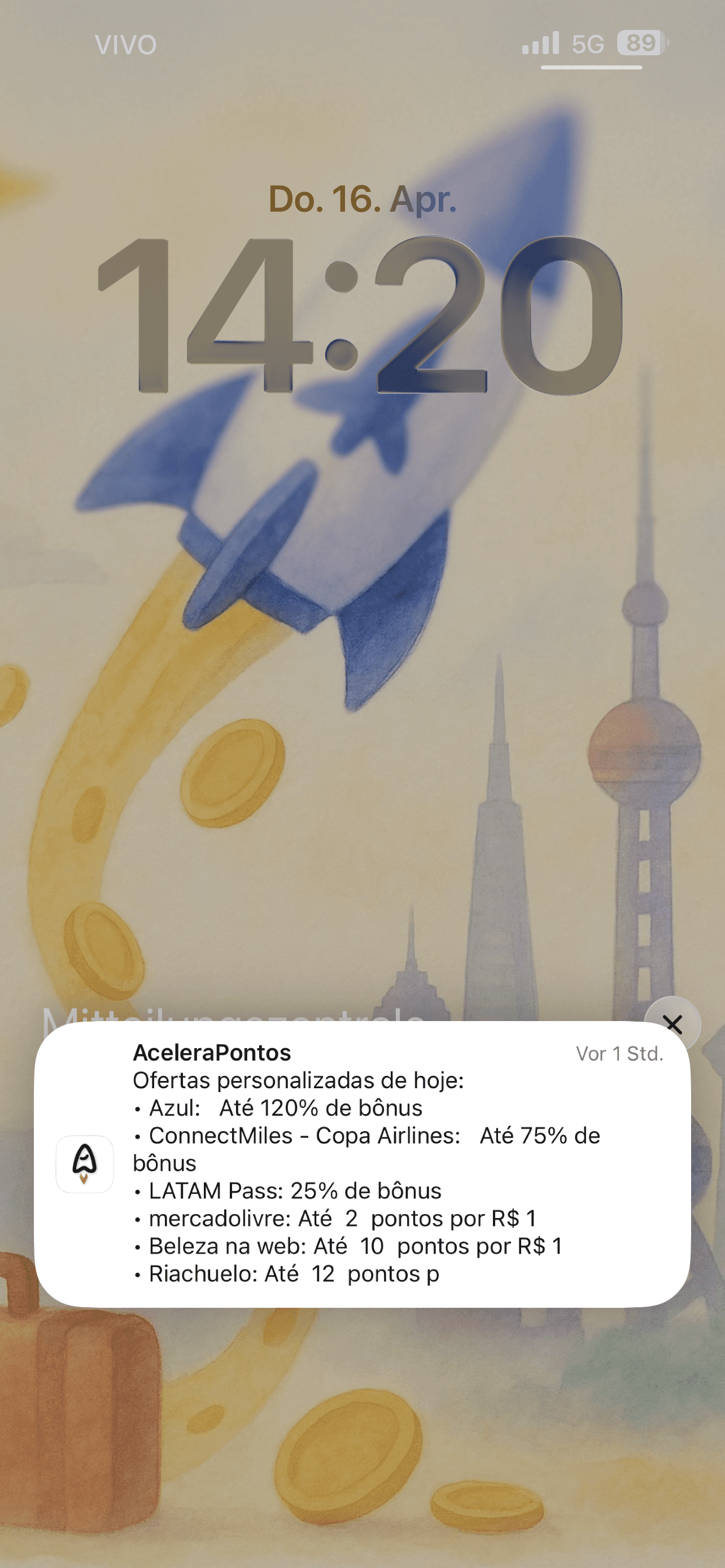 notificação do app de milhas AceleraPontos mostrando ofertas transferências e compras bonificadas incluindo Azul, Latam Pass, Mercado Live