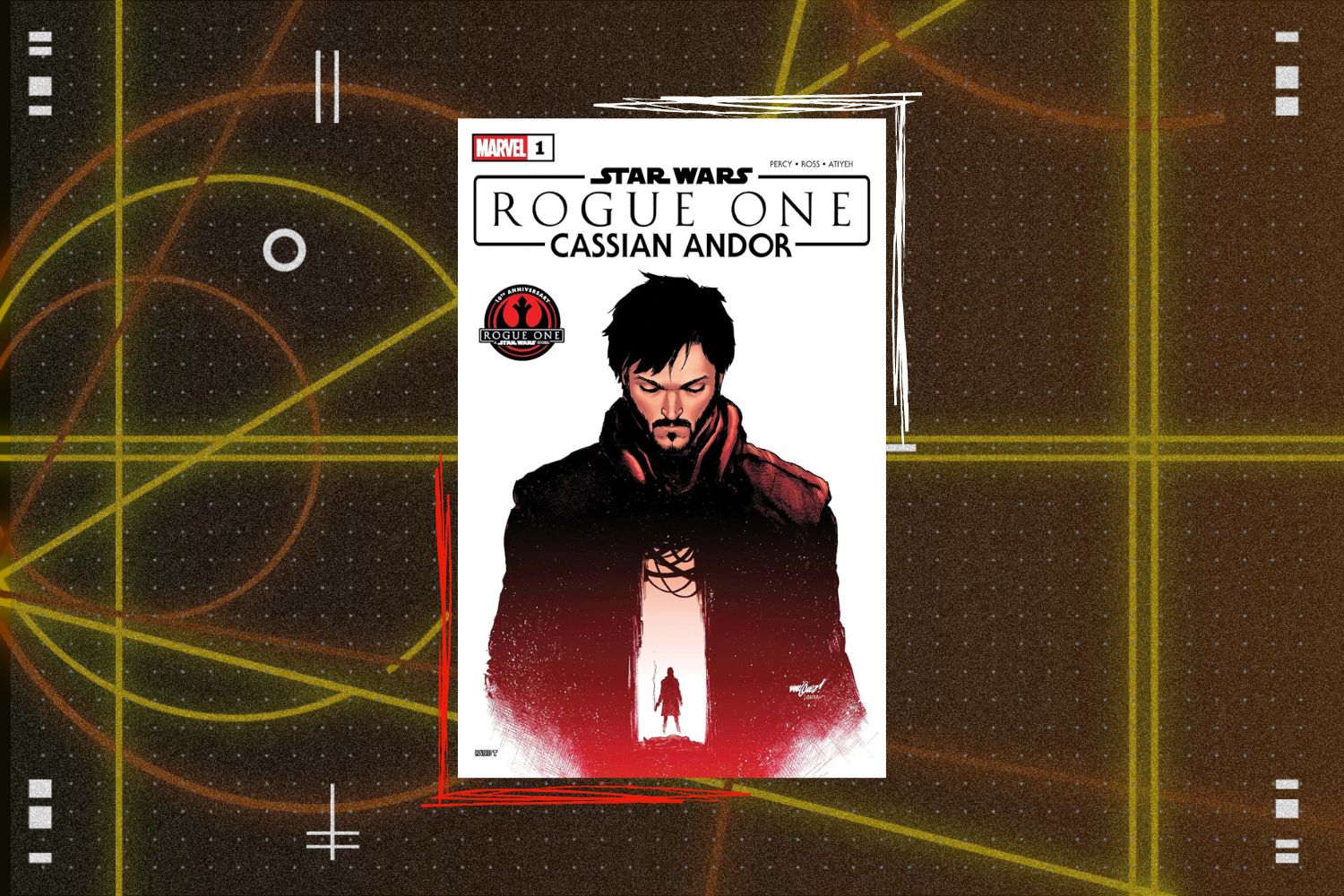 Cover for Star Wars: Rogue One - Cassian Andor #1 in front of a yellow geometric background