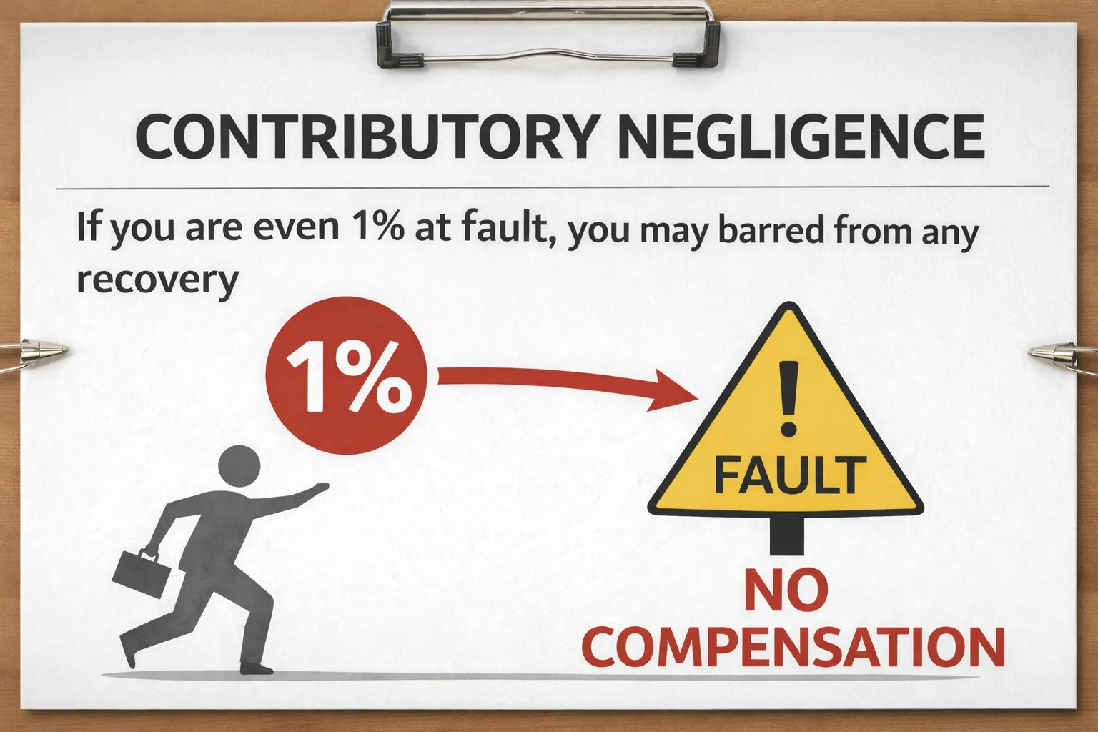Horizontal infographic on a clipboard explaining contributory negligence: text reads “If you are even 1% at fault, you may be barred from recovery,” with a red “1%” circle and arrow pointing to a yellow warning sign labeled “Fault,” and the words “No Compensation” below, illustrating how minimal fault can eliminate an injury claim