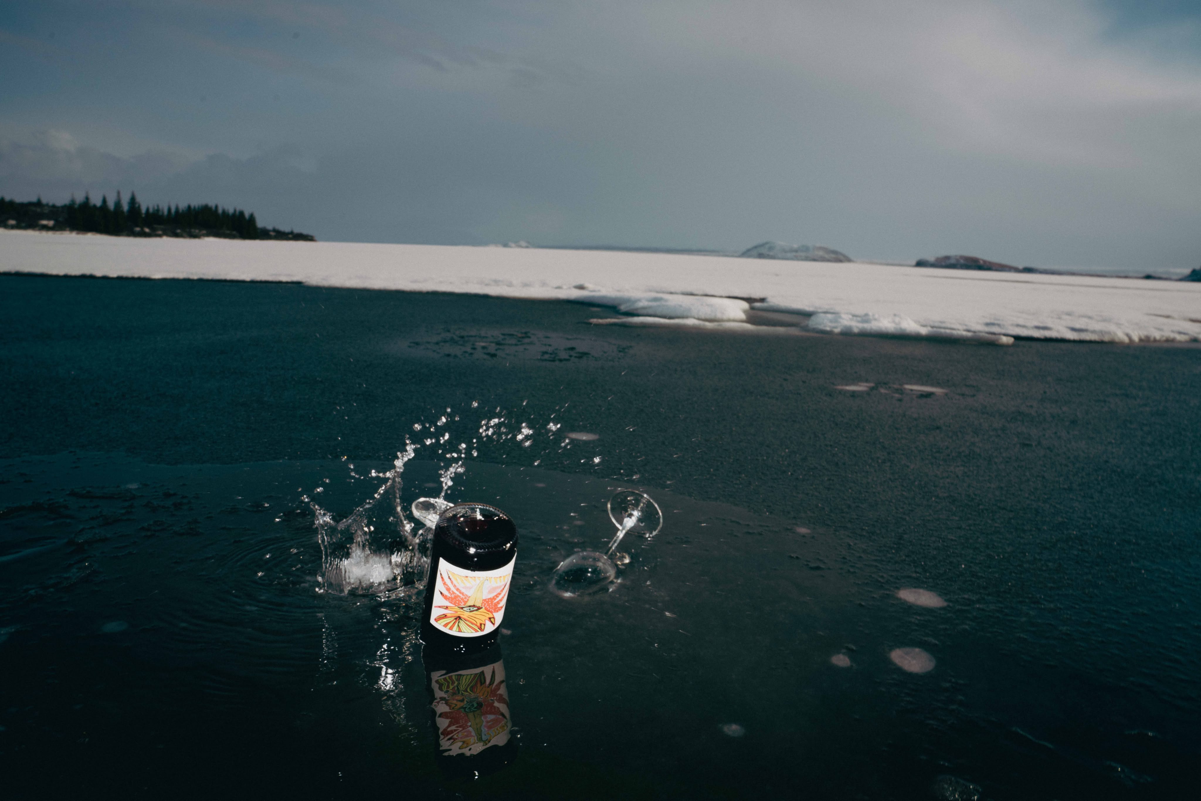 A labeled jar and a wine glass splash into dark water at dusk, with a snow-covered shoreline behind
