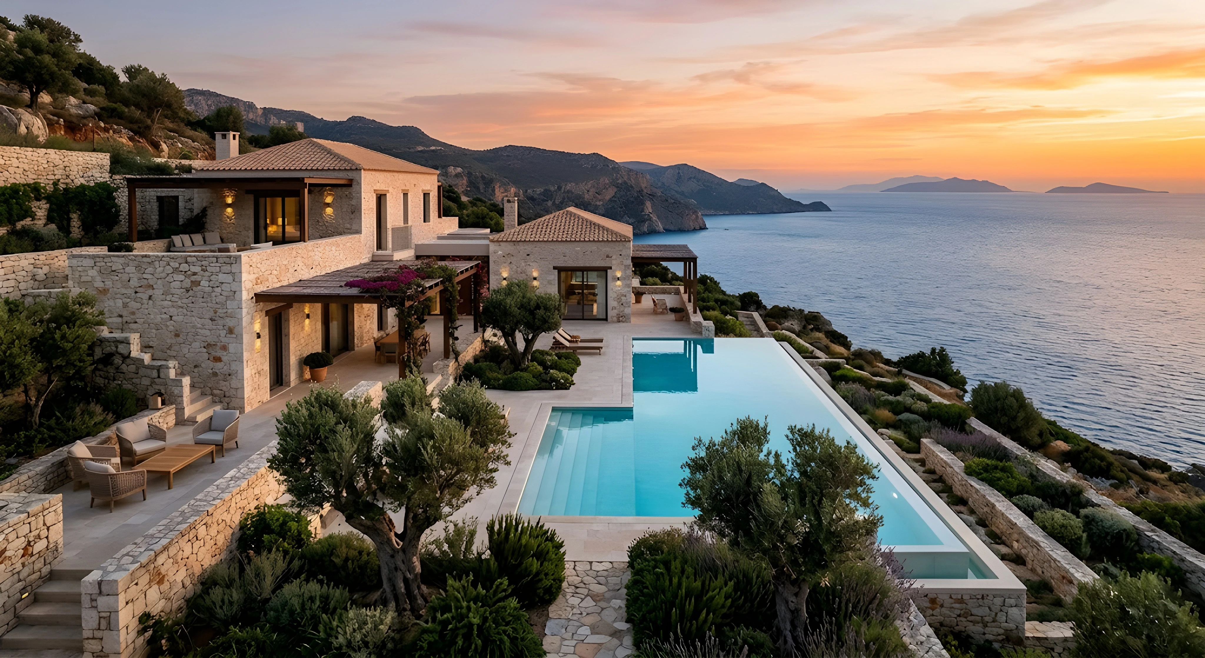 A high-angle, wide shot of a luxury stone villa built on a Mediterranean cliffside during a warm sunset. The estate features tiled roofs, multiple stone terraces, manicured green bushes, olive trees, and an expansive L-shaped infinity pool overlooking the deep blue sea and distant coastal mountains.