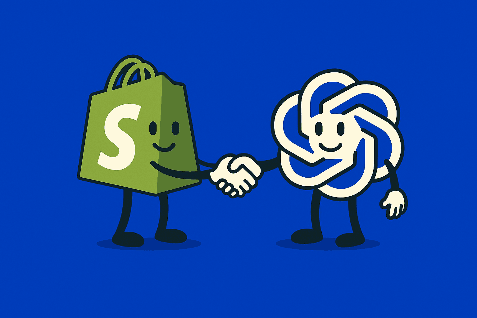 This is a cartoon image of the Shopify logo shaking hands with the ChatGPT logo following the breaking news of an upcoming partnership. 