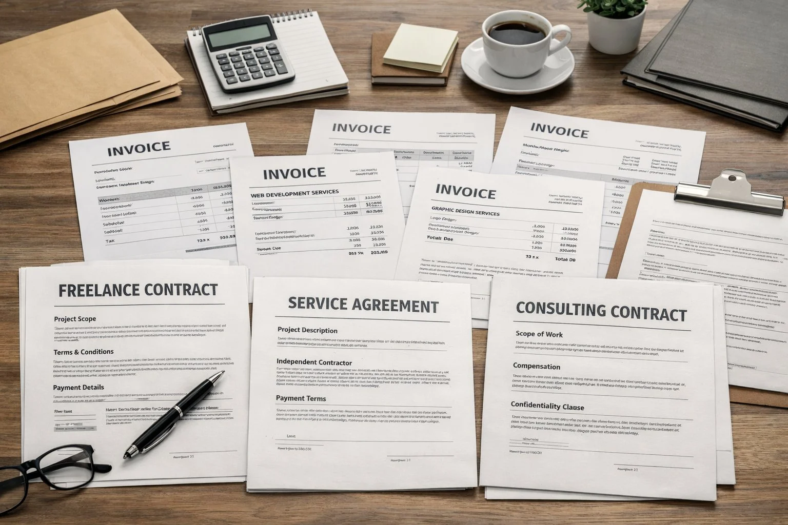 Realistic scene showing contracts and invoices exchanged between a business and multiple external service providers, highlighting independent, project-based work.