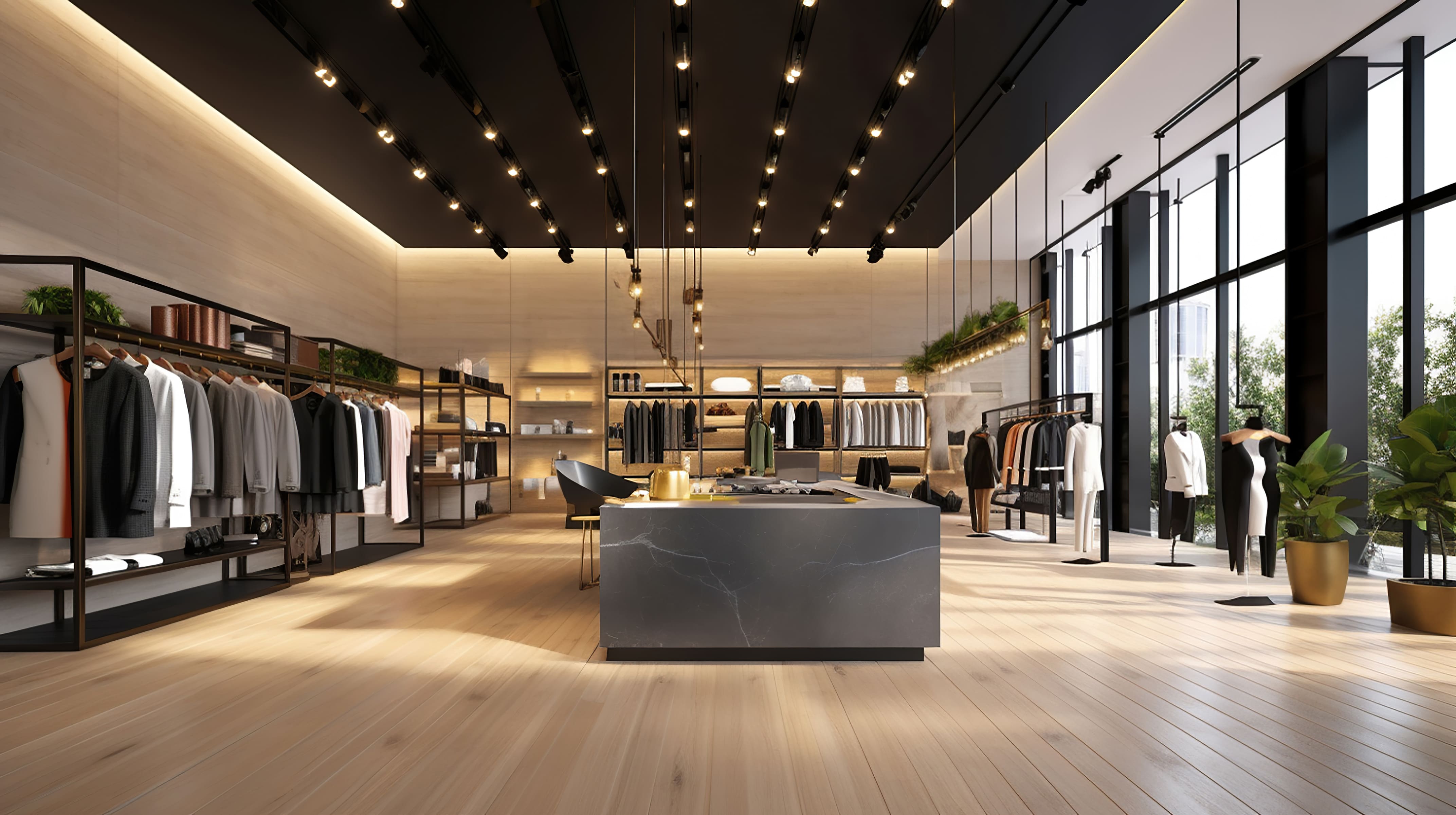 MW Interior Einzelhandelseinrichtung – stilvolle Modeboutique mit dunkler Decke, Spotbeleuchtung und modernen Kleiderständern