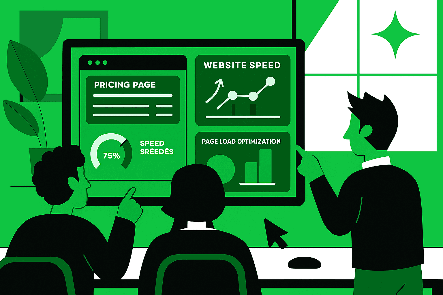 UX team reviewing pricing page performance metrics and speed optimization results