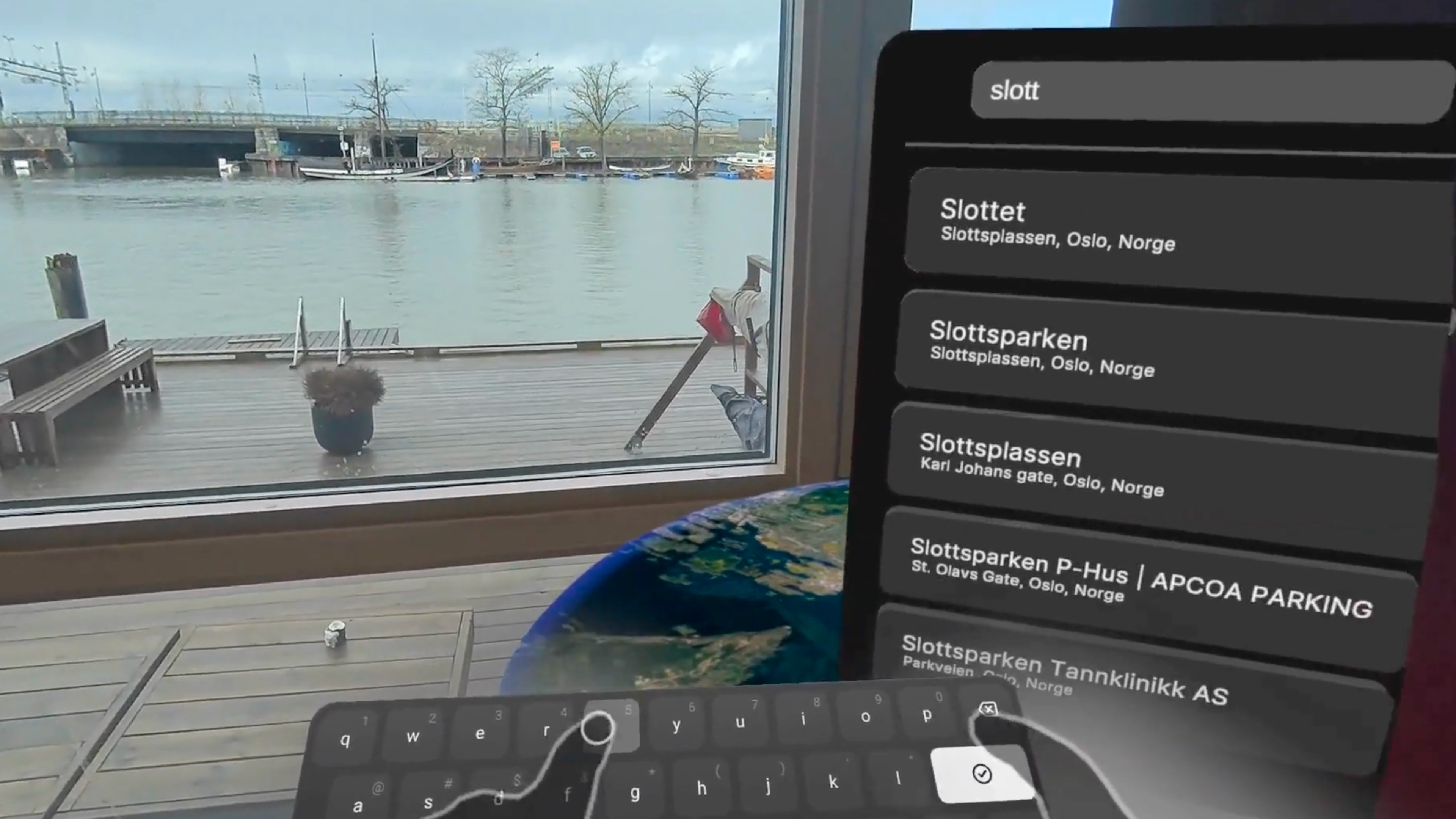 Showing a person typing on a keyboard, searchin for a specific location in XR