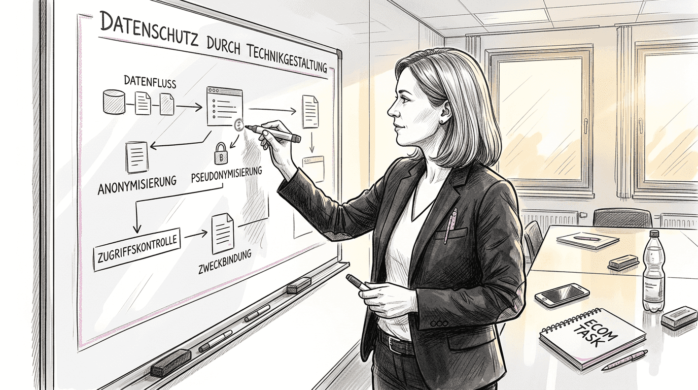 Eine Projektmanagerin skizziert am Whiteboard, wie Datenschutz in ihrem Projekt umgesetzt werden kann.