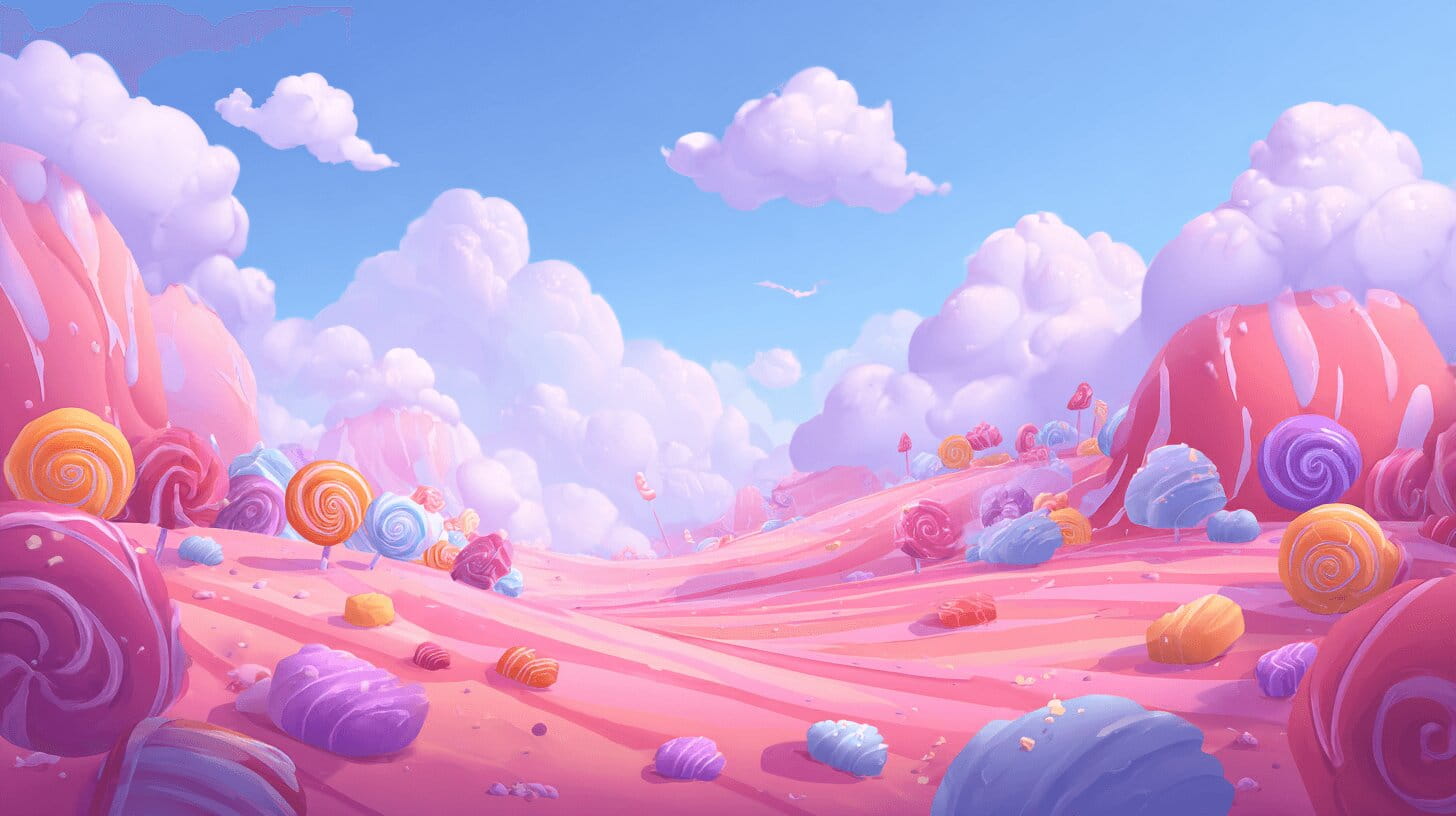 a cartoon image of a planet landscape that is made out of cotton candy and candy and is very colorful