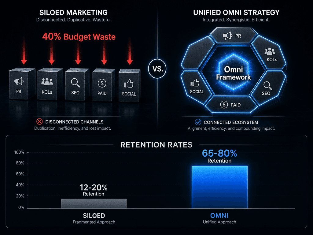 Comparison chart showing the 40% fragmentation tax in Web3 marketing vs unified omni-channel strategy efficiency and retention rates.
