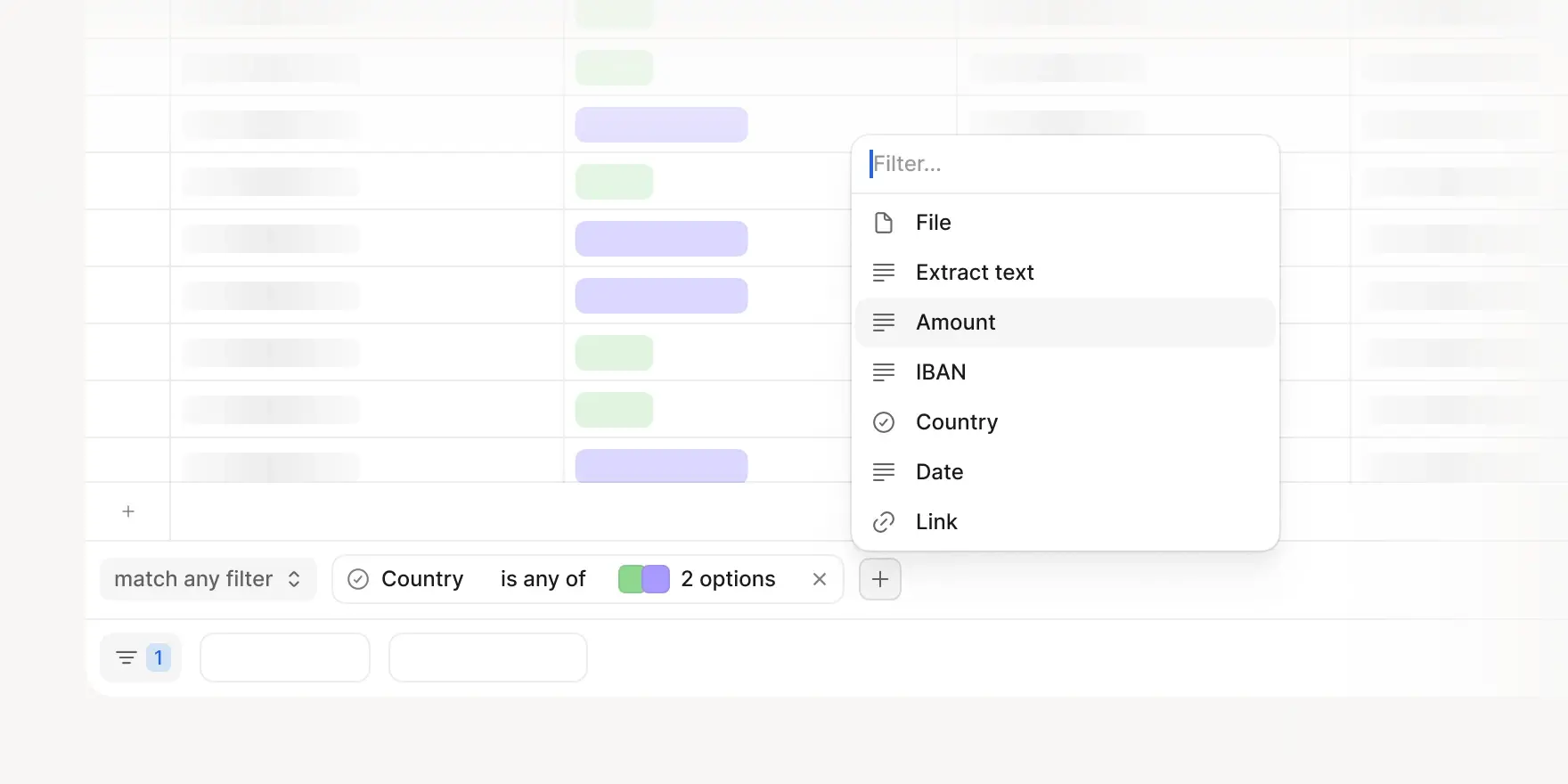 Filter menu with amount selected