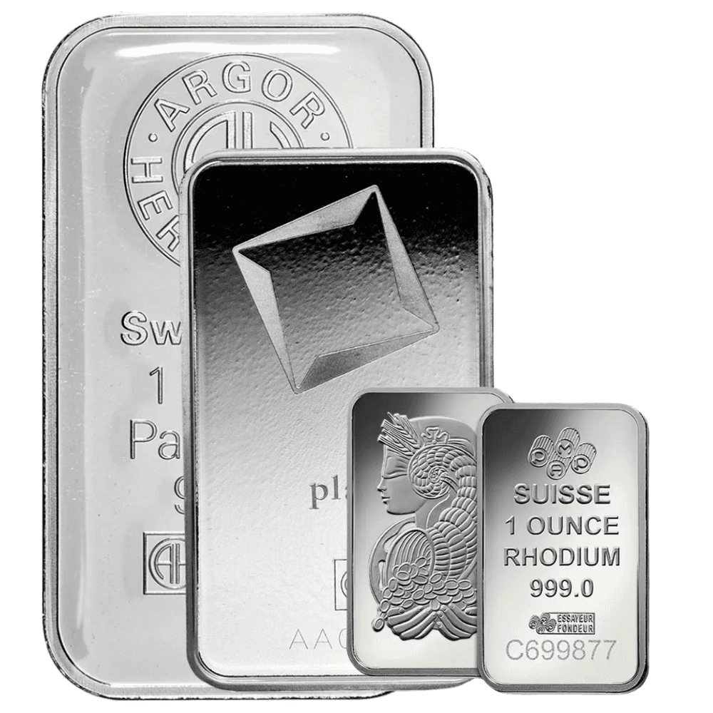 Stacked investment-grade bars including 1 oz PAMP Suisse palladium, 1 oz Argor-Heraeus platinum, and 1 oz Baird & Co rhodium.