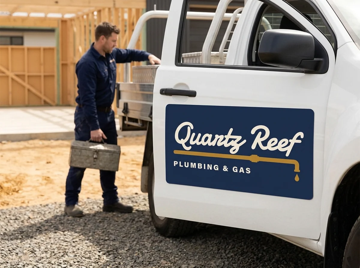 Magnetic Car Signs for Quartz Reef Plumbing & Gas: Three-quarter view of a white work ute parked at a new-build site, the driver's door filling much of the frame with a 600 x 300 mm magnetic sign