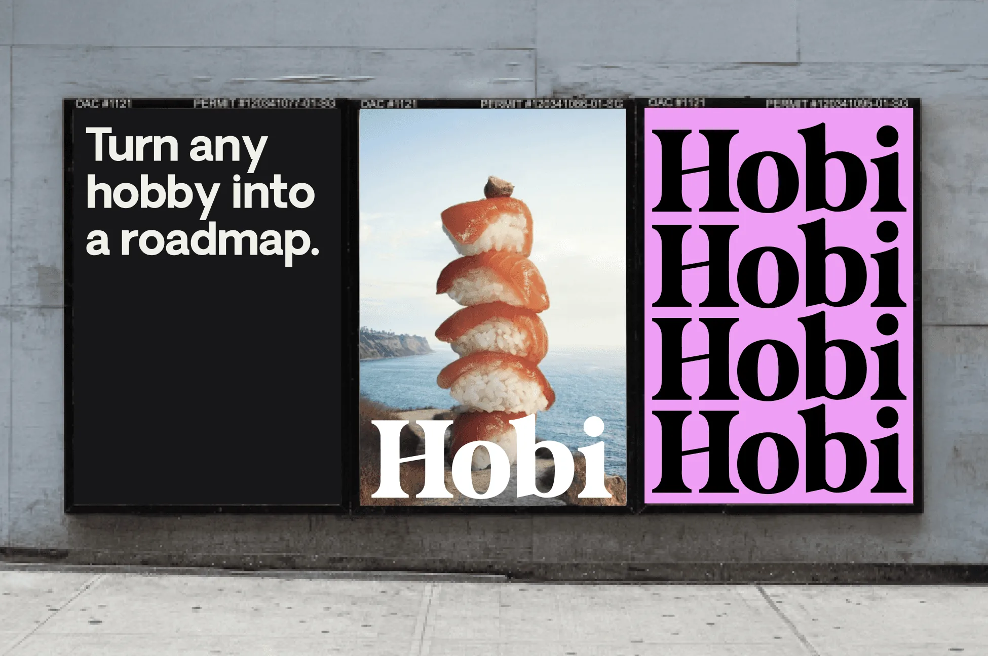 Three Hobi posters on a wall reading Turn any hobby into a roadmap