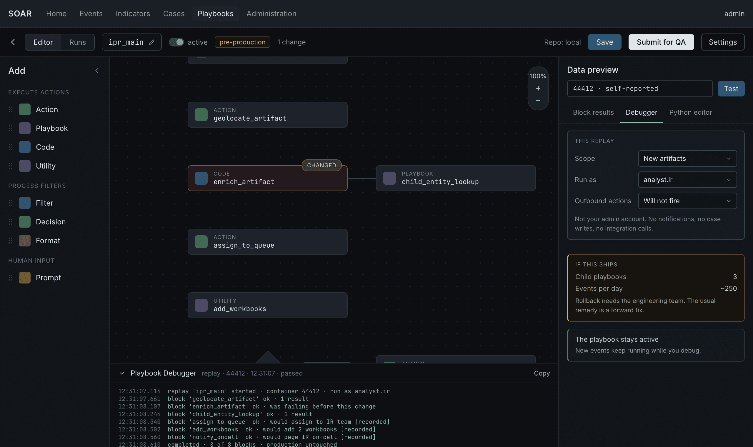 The playbook editor with run evidence