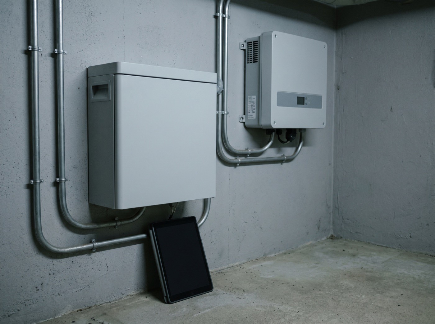 Batteriespeicher im Technikraum mit Tablet davor