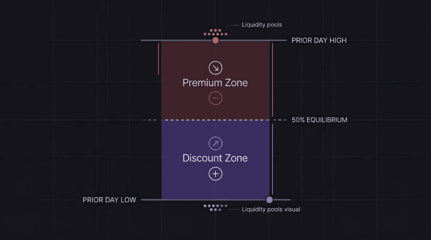 Premium and discount zone diagram showing prior day high and low, 50 percent equilibrium line, and liquidity pools above and below the range