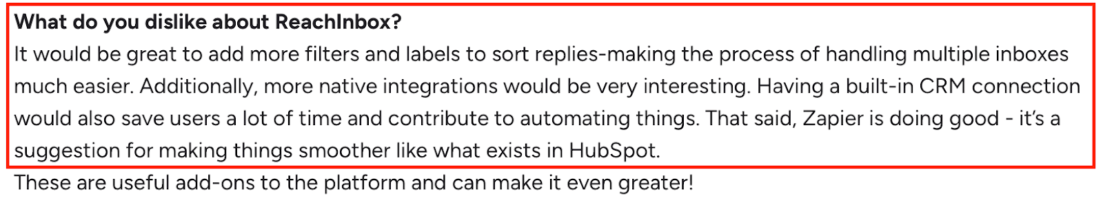A G2 User review suggesting ReachInbox improve with more filters, labels, and native CRM integrations for better inbox management and automation.