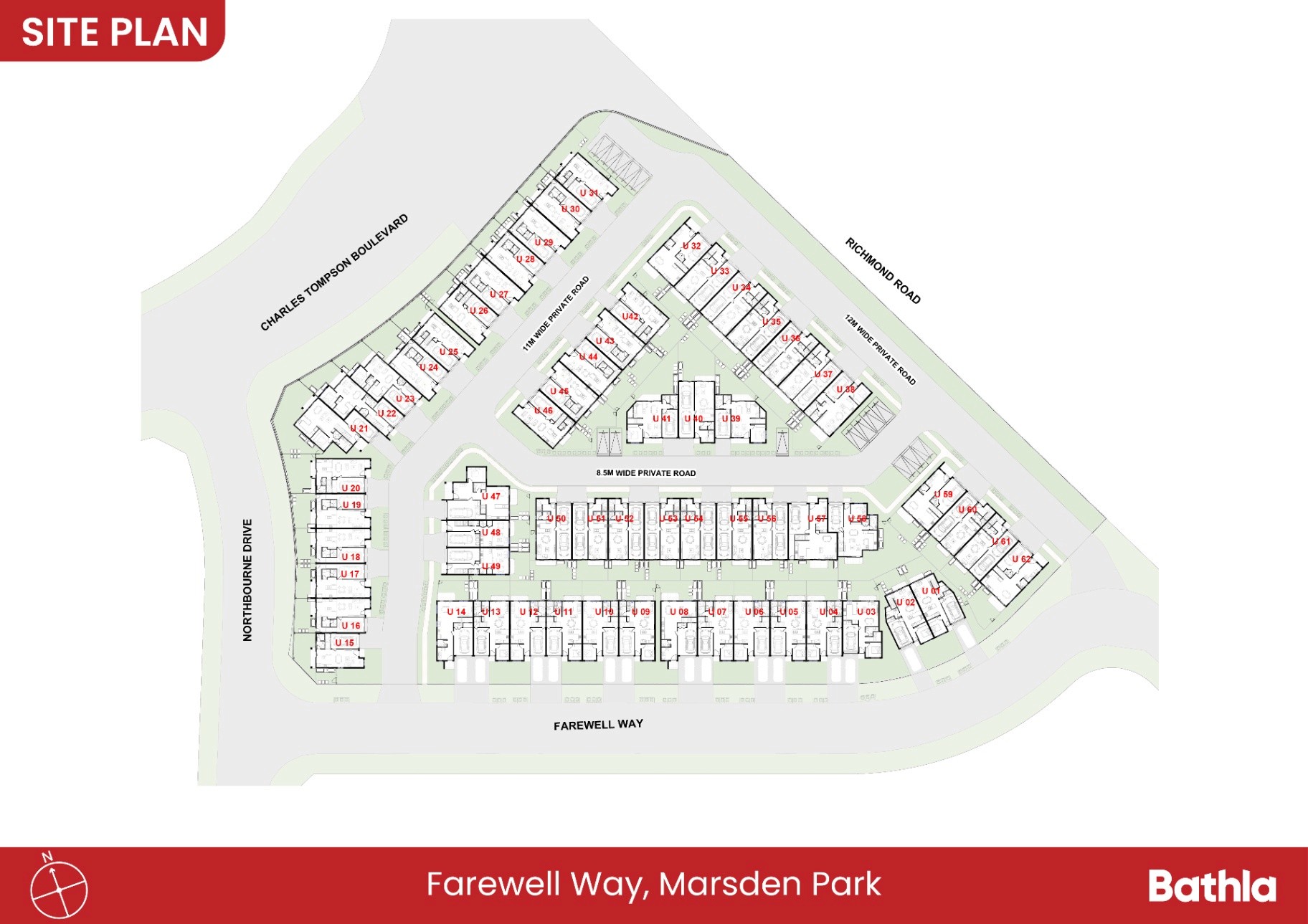 Farewell Way Marsden Park site plan showing townhouse layout, internal roads, and unit distribution within the residential development