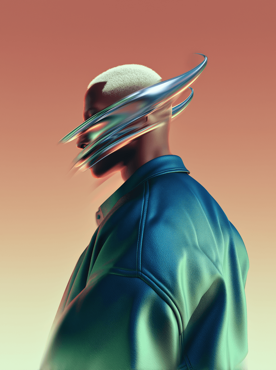 A stylized profile of a figure with metallic accents and an abstract background, showcasing a futuristic aesthetic.