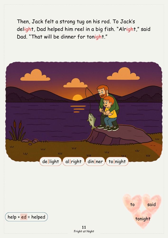 Story page from Fright At Night featuring igh spelling words.