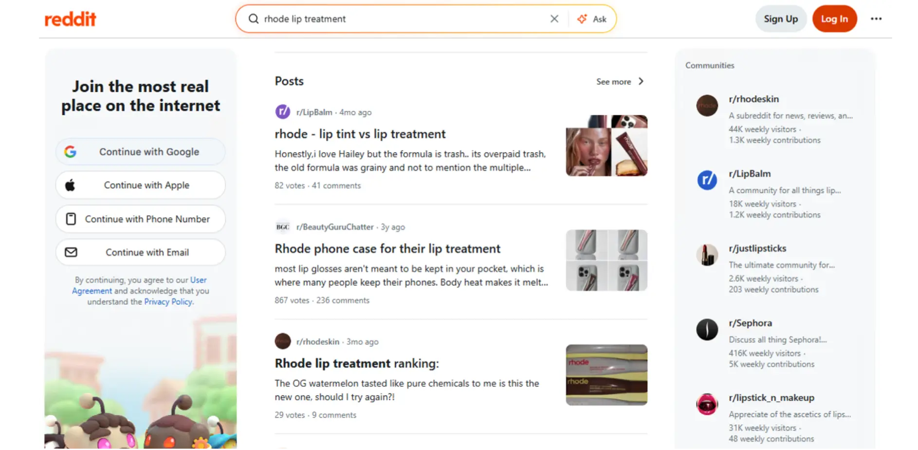 Reddit search results for Rhode lip treatment community discussions.