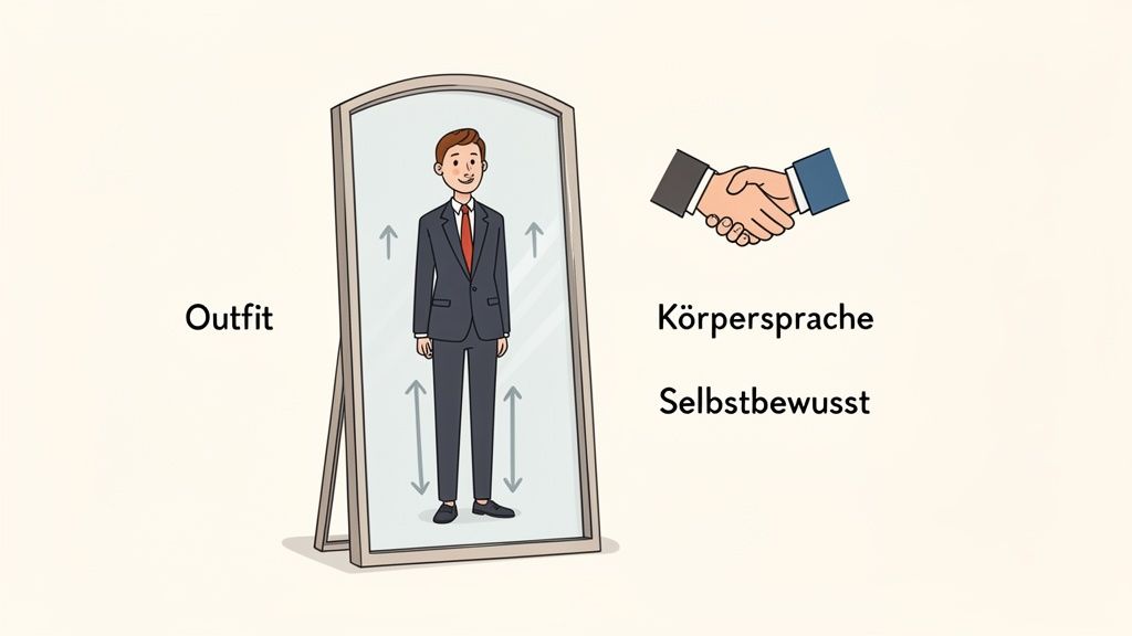 Ein Mann im Anzug überprüft sich im Spiegel, daneben Pfeile für aufrechte Haltung und Texte zu Outfit, Körpersprache und Selbstbewusstsein sowie ein Händedruck-Symbol.
