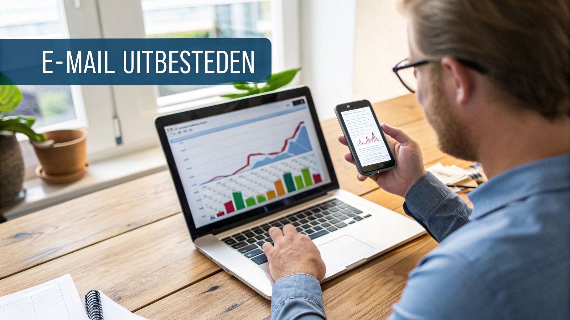 Een marketeer werkt aan een e-mailcampagne op een laptop, omringd door data-visualisaties
