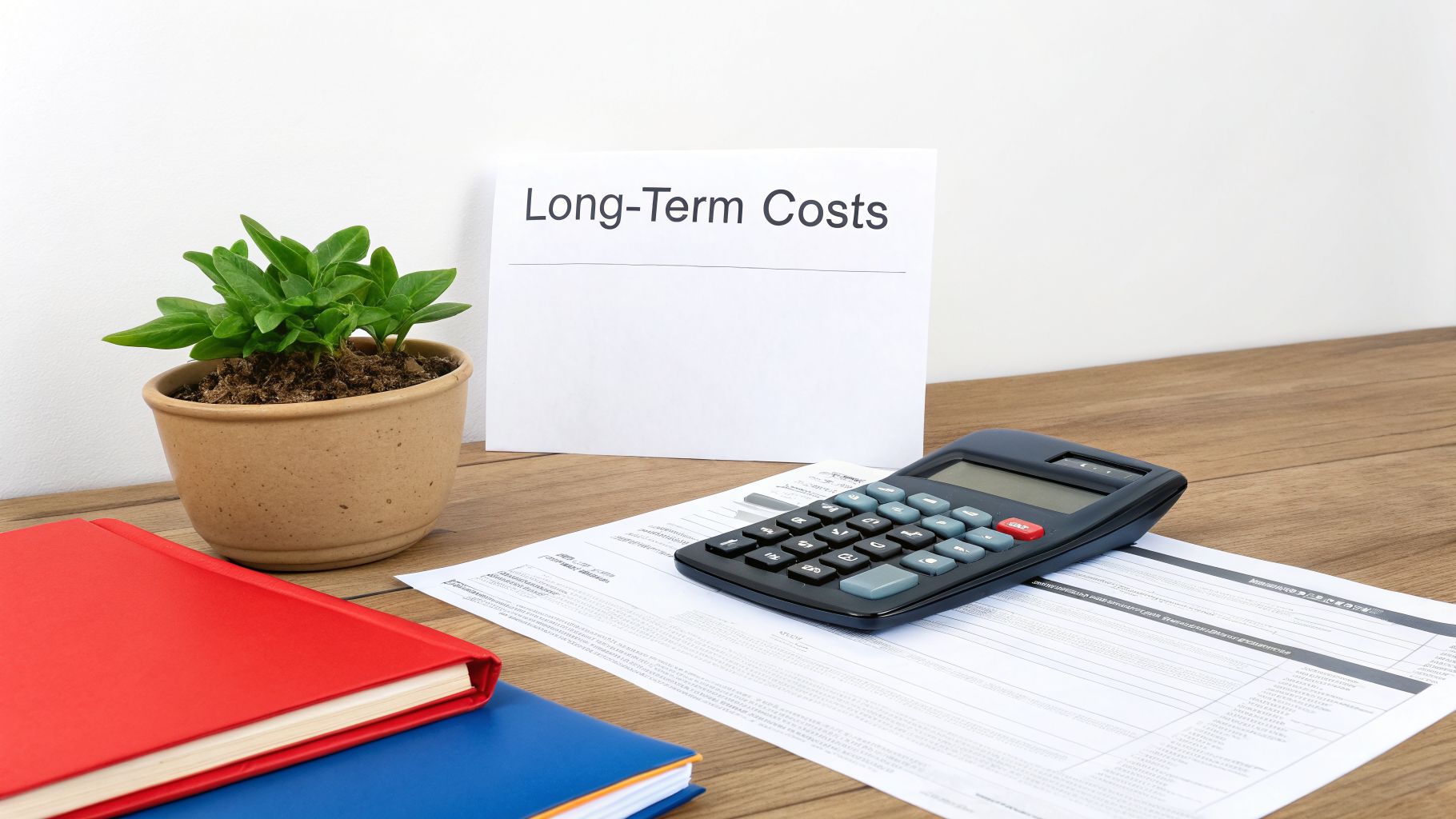 A desk with a calculator, documents, a plant, and a sign saying 'Long-Term Costs'.