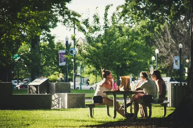 A group sitting at a park table, talking between each other.