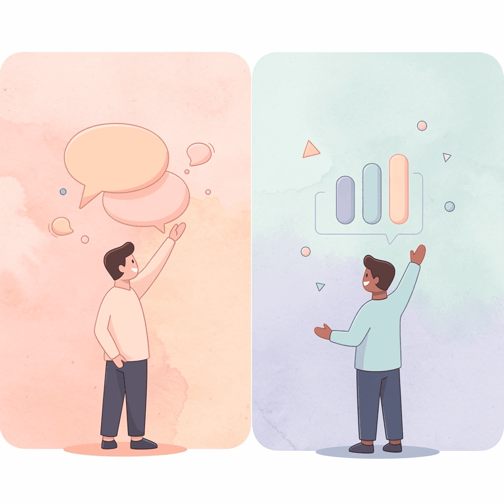 Split scene showing contrast between basic learning limitations and advanced conversation needs