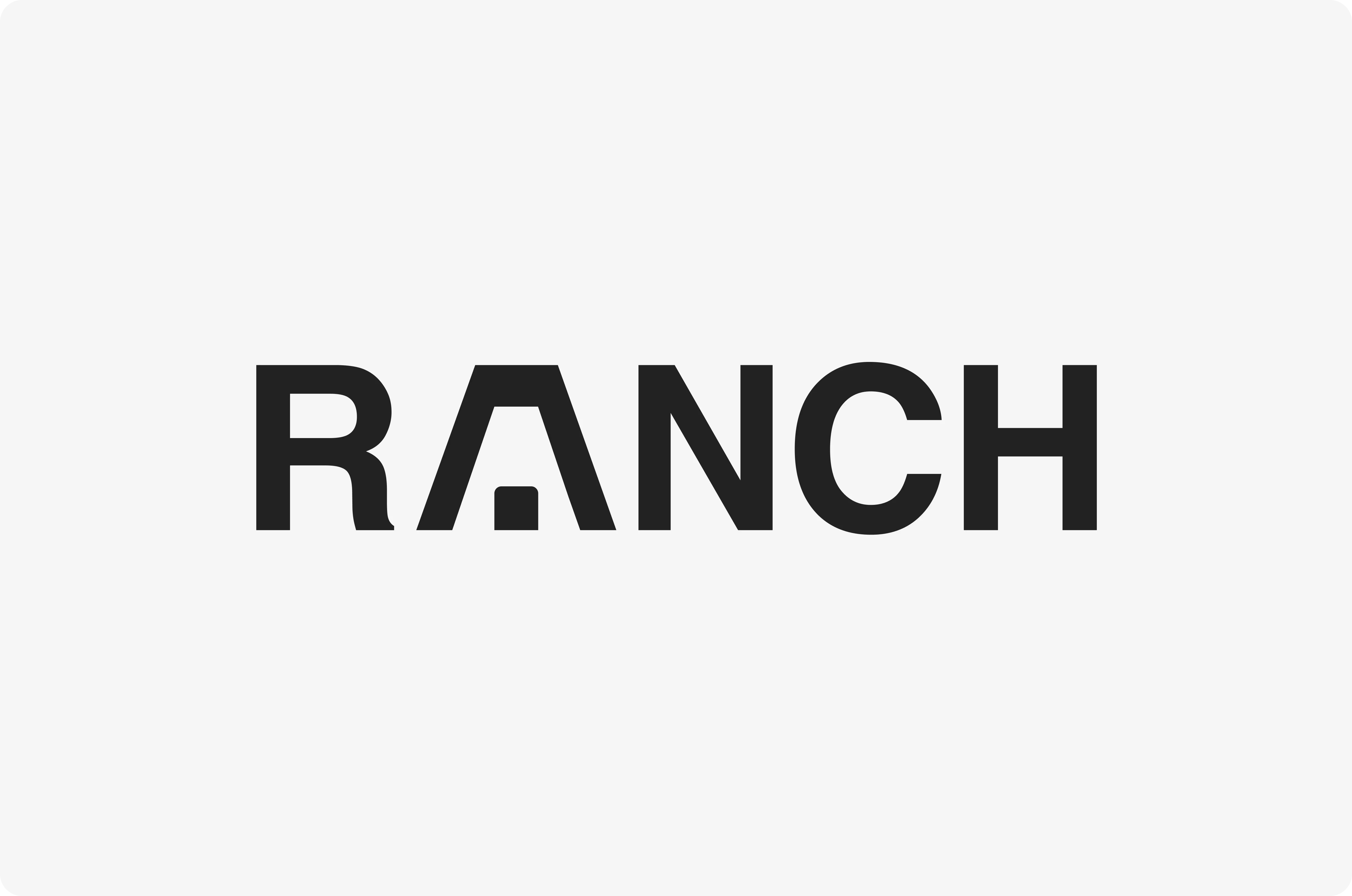 Minimalist logo design for the Ranch restaurant, featuring the word ‘RANCH’ in bold geometric typography. The letter ‘A’ incorporates a subtle barn shape using negative space, creating a clean and modern visual reference to farm-to-table identity and rustic heritage.