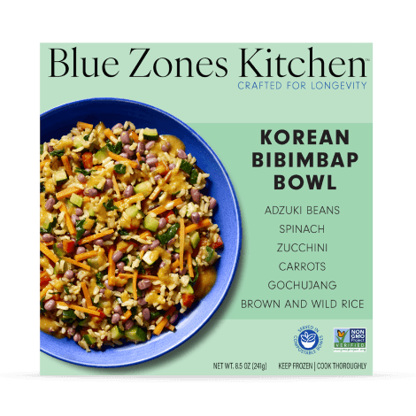 Blue Zones Kitchen packaged Korean Mixed Rice Bowl box with photo of rice bowl and ingredient list