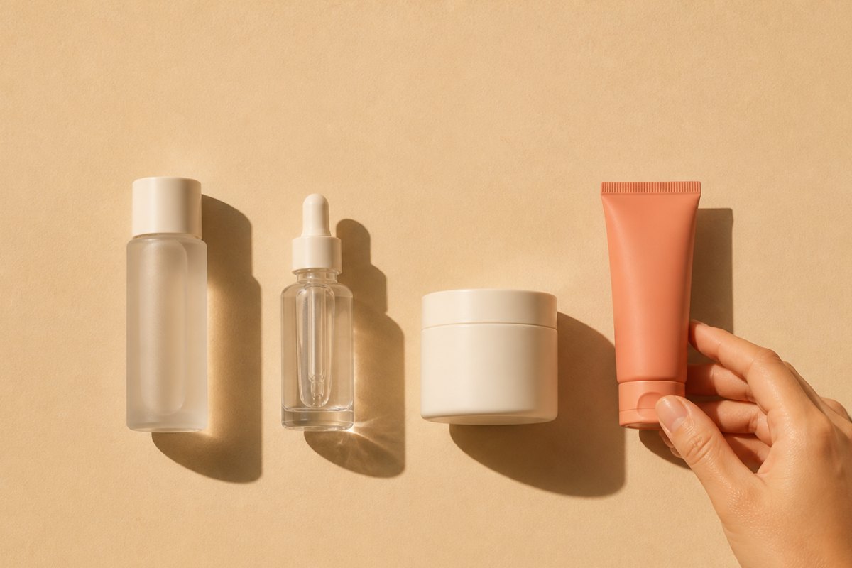 A hand placing one unbranded product into a considered row of others on a sand surface