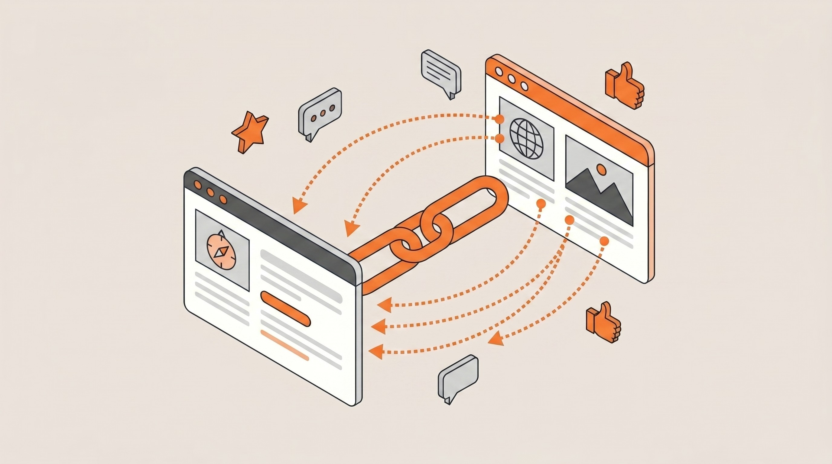 Ilustrasi flat dua website terhubung rantai oranye, mewakili konsep backlink dan sinyal otoritas eksternal dalam off-page SEO.