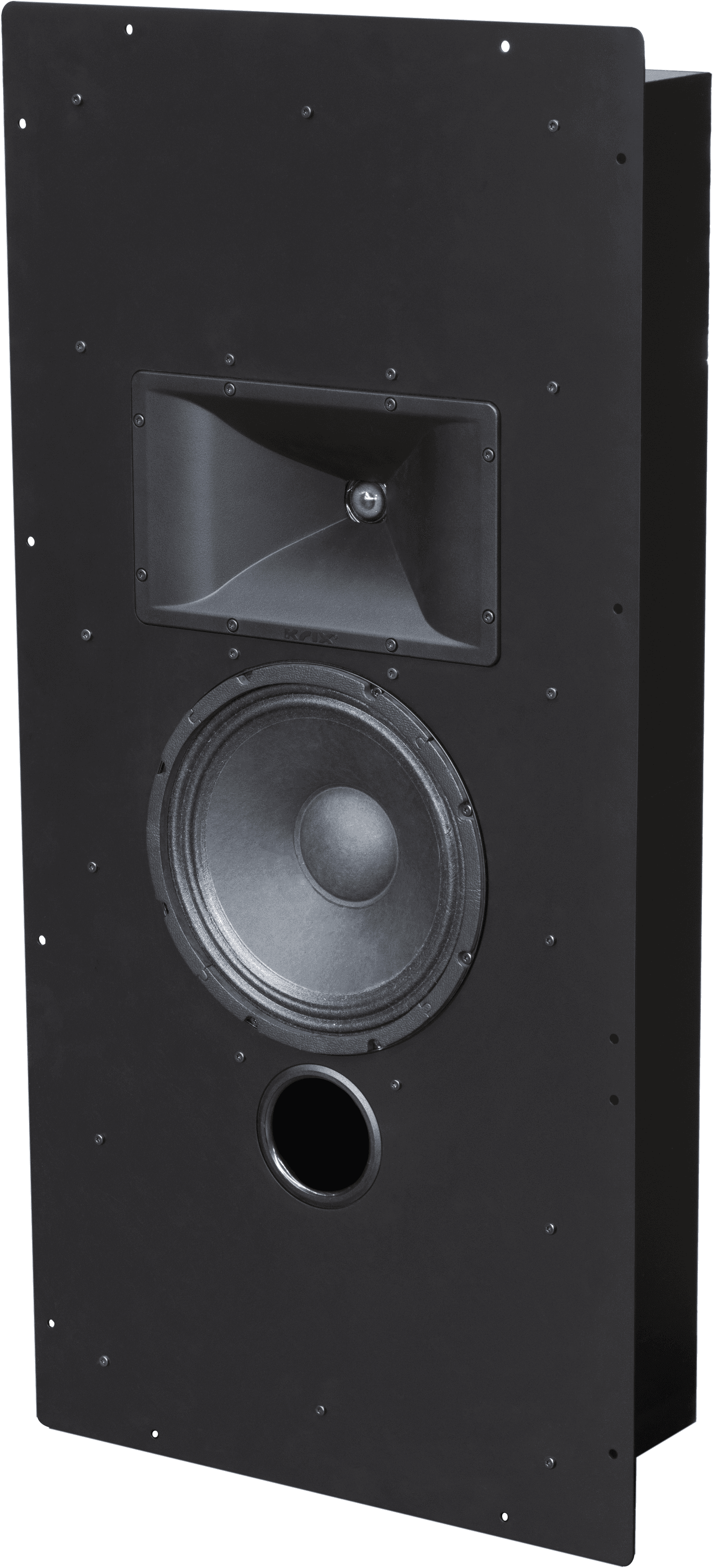Black speaker panel with woofer, horn tweeter, and port.