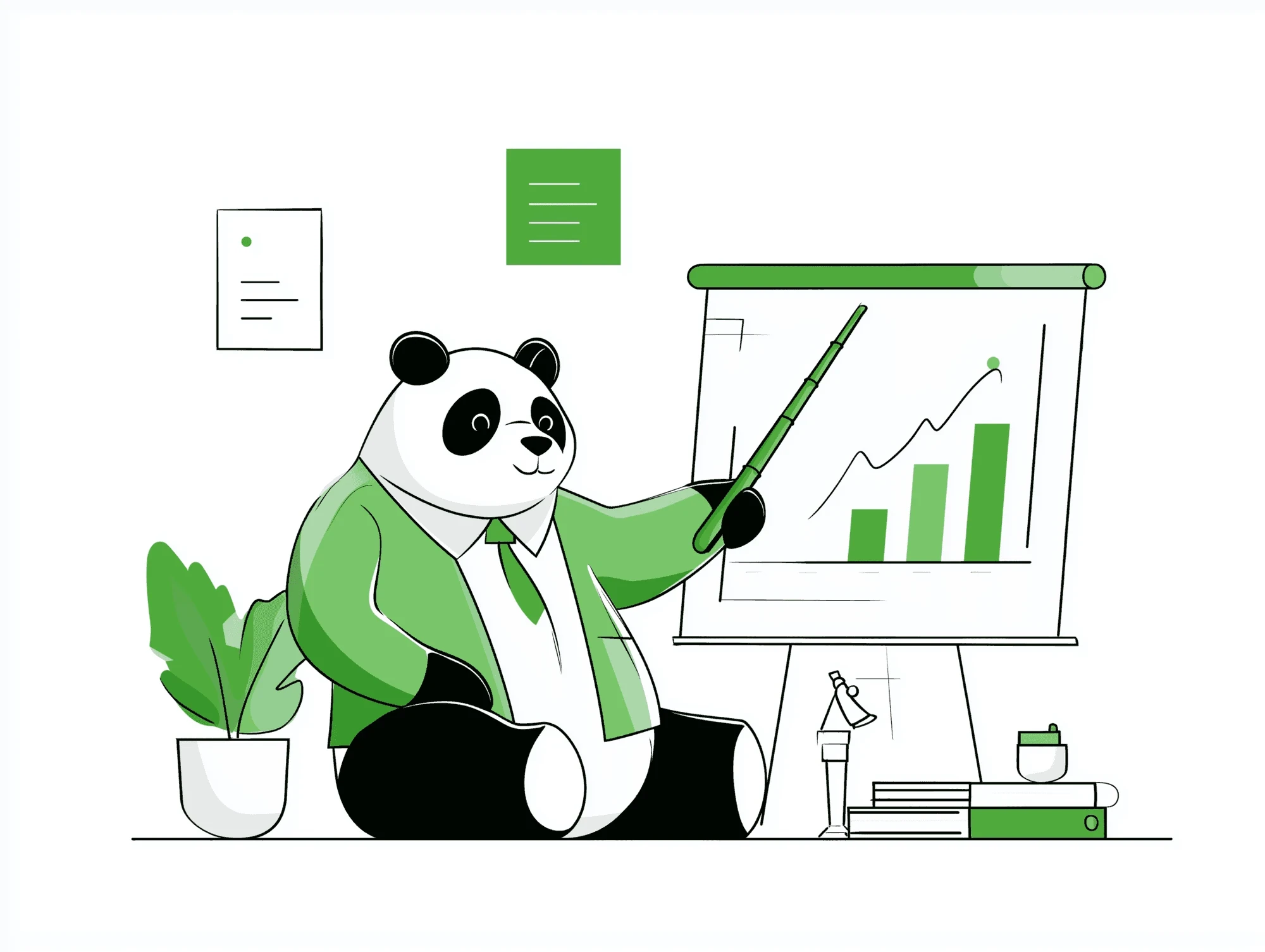 Line illustration of a panda at a desk reviewing a recurring-revenue report