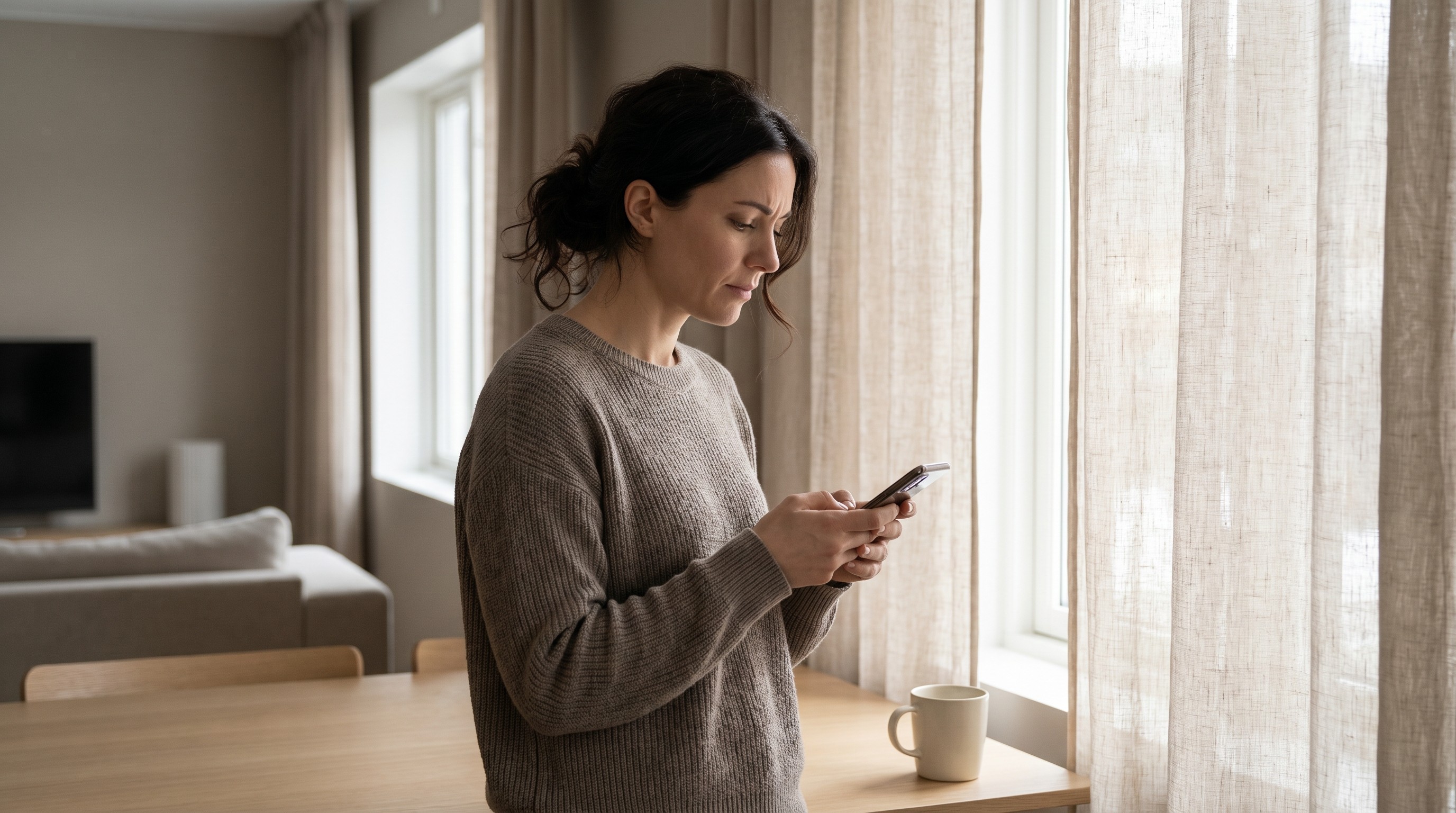Woman in soft morning light reviewing a photo on her phone with a thoughtful expression near a window