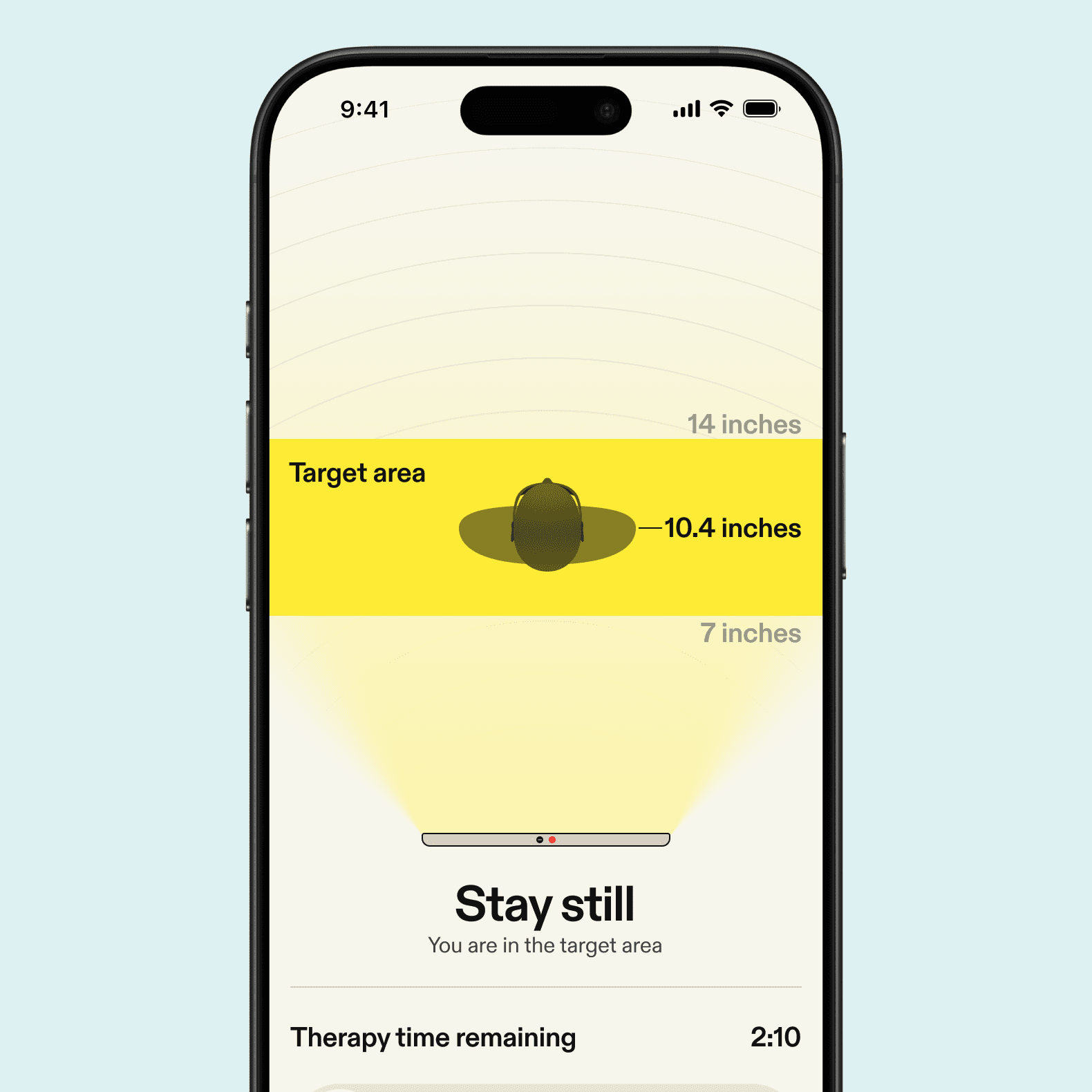 Minimal dashboard card showing therapy details with next recommended date, previous session date, personalized dose, and options to schedule, view history, or adjust settings