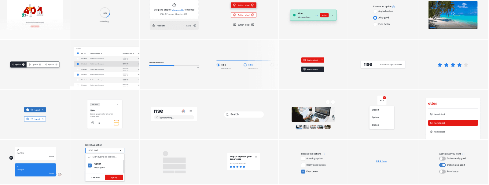 Grid overview of RISE component library showcasing the breadth of the system. Visible components include: progress/upload indicator (69% circular progress), file upload area with drag-and-drop, button variants (primary red, outlined, ghost), toast/alert notification, radio button group, data table with selectable rows and management level columns, range slider (0–100), tabs with title and description, button with dropdown variant, footer with RISE wordmark and copyright, tag/card component with actions, RISE header with search bar ("Type anything…"), search input field, media card with image gallery and action icons, contextual menu with options, Atlas sidebar with item labels and a highlighted red item, dropdown select with searchable options and Apply/Clear actions, skeleton loader, feedback widget ("Help us improve your experience") with 5-star rating, checkbox group with options, link, and toggle switches (active/inactive).