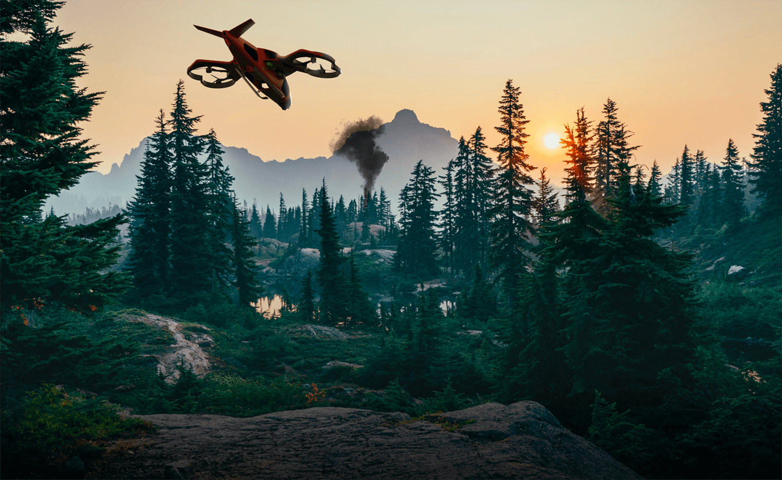 Conceptual rendering of the firefighting drone in action, flying above a forest to track a distant wildfire marked by a plume of smoke.