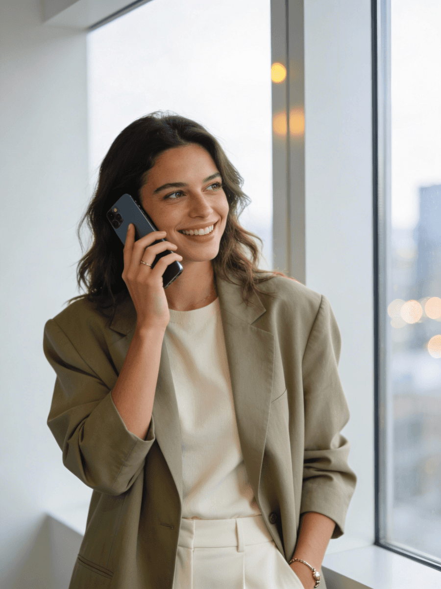 Modern glass office building with white framing, lawn, trees, and clear sky