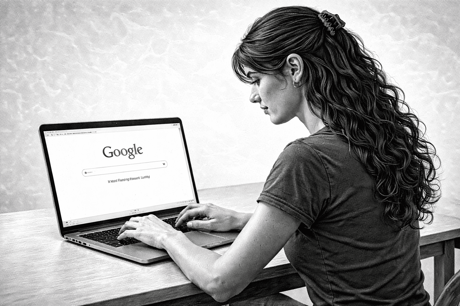 a woman working on her laptop at a desk. black and white image.