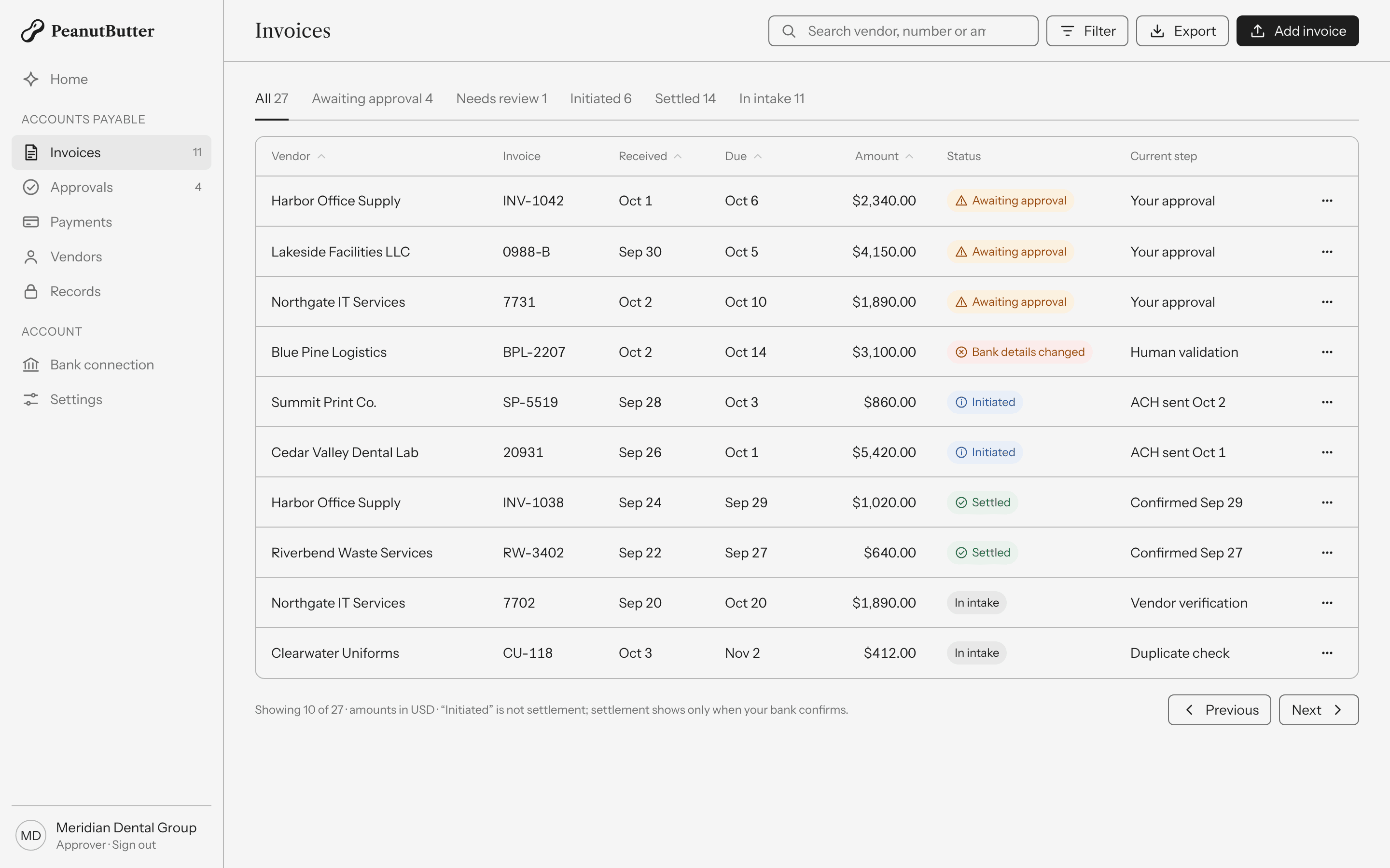 Illustrative PeanutButter Console invoices list with sample vendors; not a live account