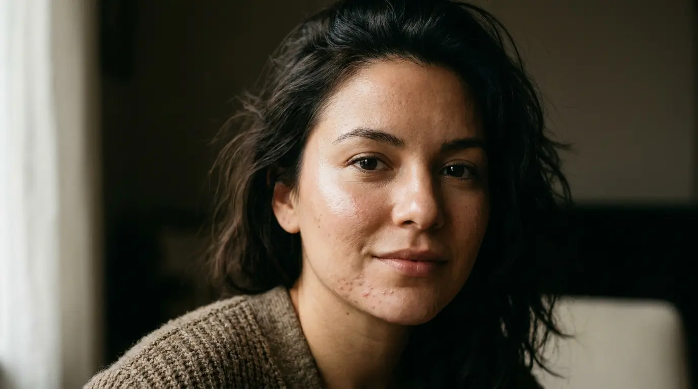 Close-up editorial portrait of luminous, healthy skin after acne treatment at a Vancouver clinic
