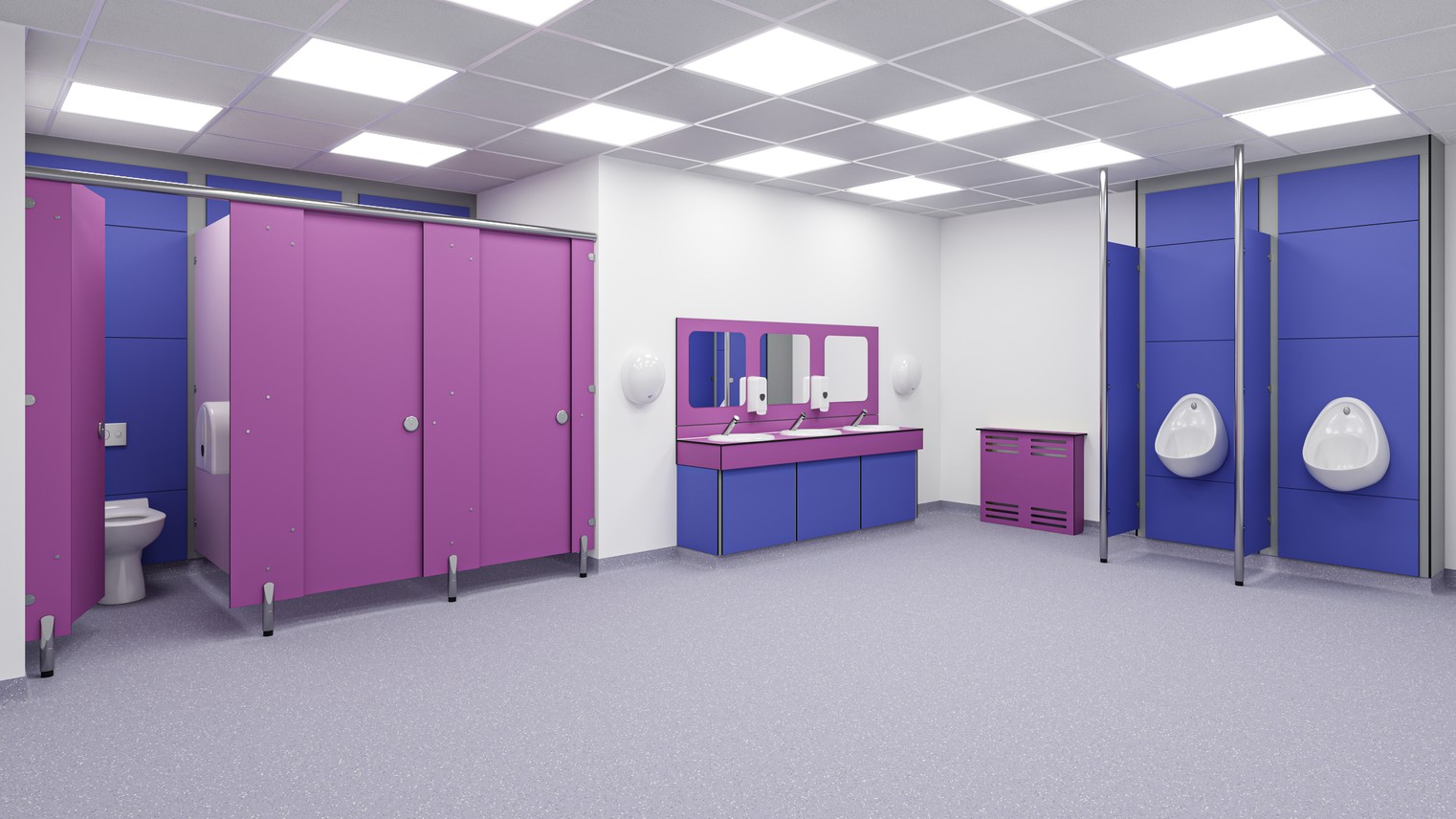 The complete washroom with essential cubicle sytem, vanity units, radiator cover, floor to ceiling privacy screens and SGL duct panelling