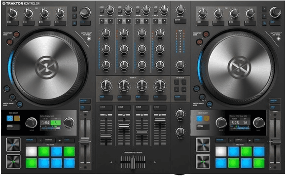 Native Instruments Traktor Kontrol S4 DJ controller, a black deck with two large jog wheels, faders and colorful pads.
