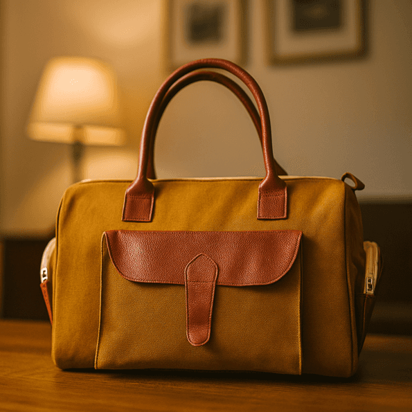 Handcrafted canvas and pu leather laptop office bag in brown and tan color
