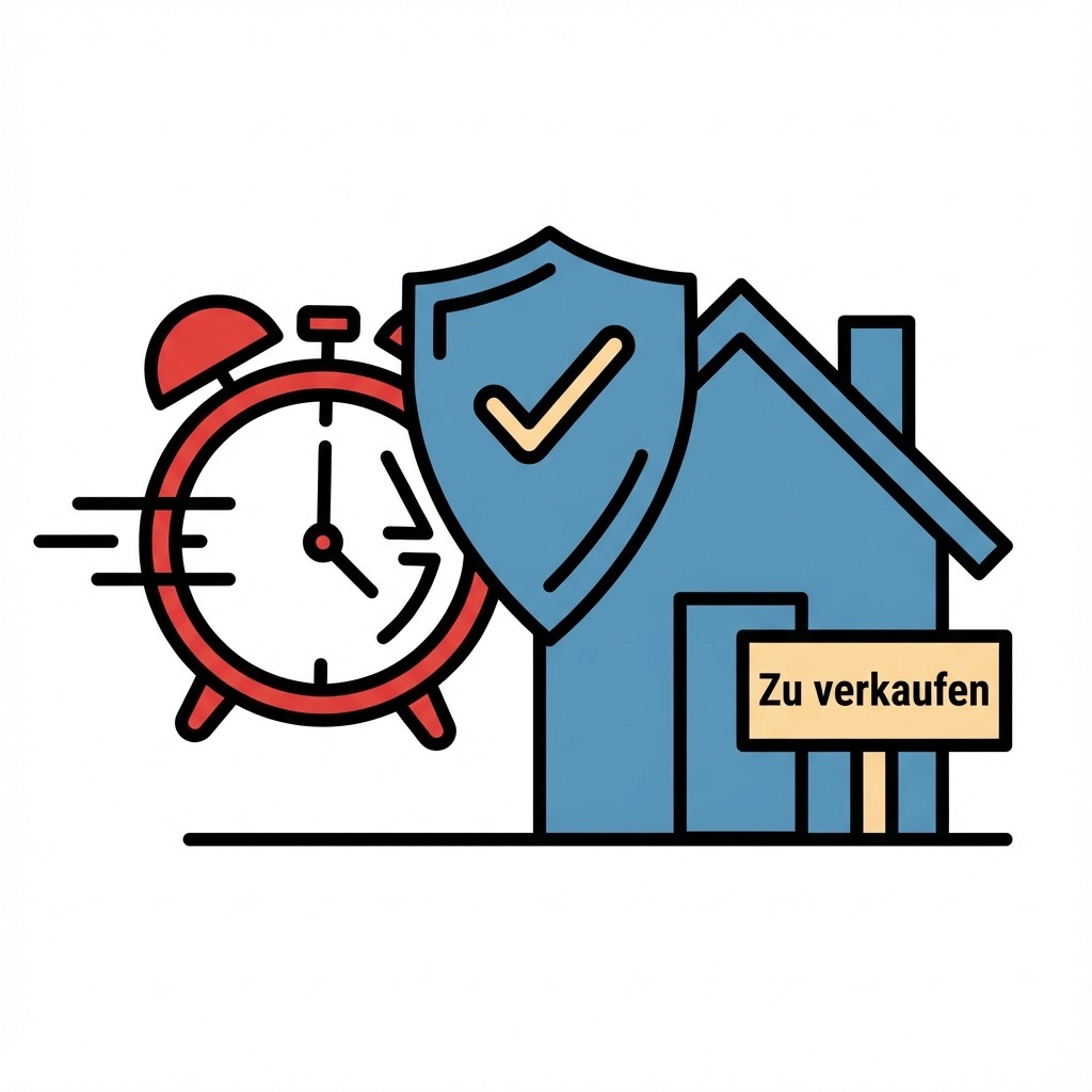 Haus mit Schild 'Zu verkaufen', daneben ein roter Wecker und ein Schild mit Häkchen als Symbol für Sicherheit.